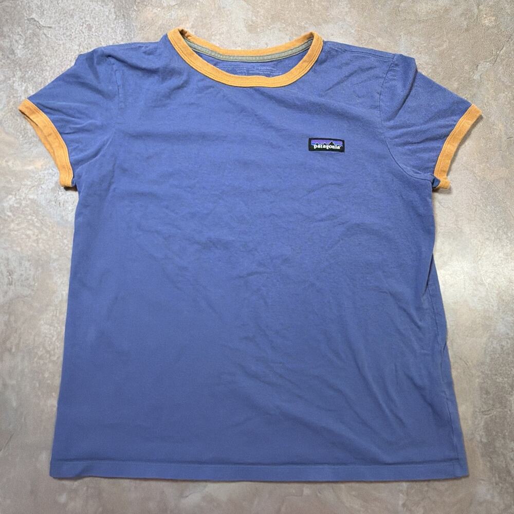 Patagonia Women’s Tee Shirt Size Medium Blue and Orange Organic Cotton